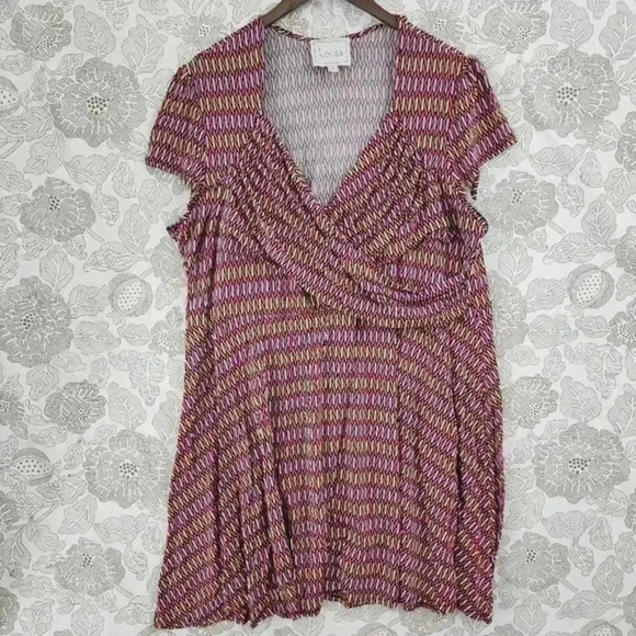 Leota Wrap Cap Sleeve Printed Women's Knee Dress Stretched 4X - Picture 1 of 9